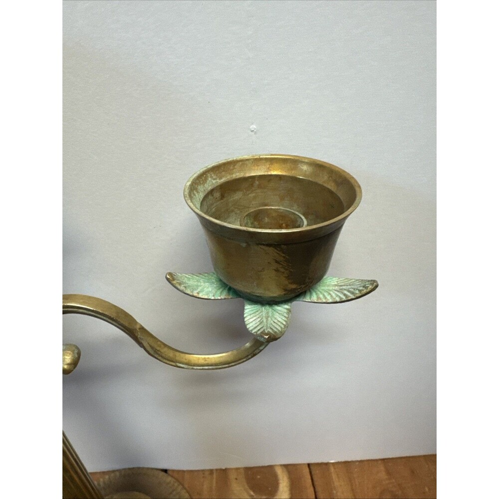 VTG 3 Arm Brass Candelabra Candle Holder Scroll Ribbed Large 15 3/4 high 13 Inch - Picture 5 of 6
